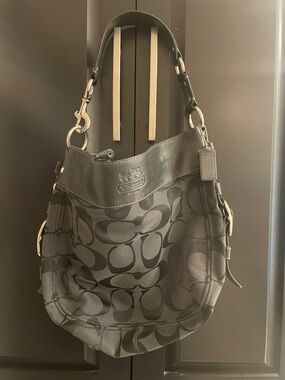 Coach Black Signature Zoe Jacquard Large Hobo Shoulder Bag